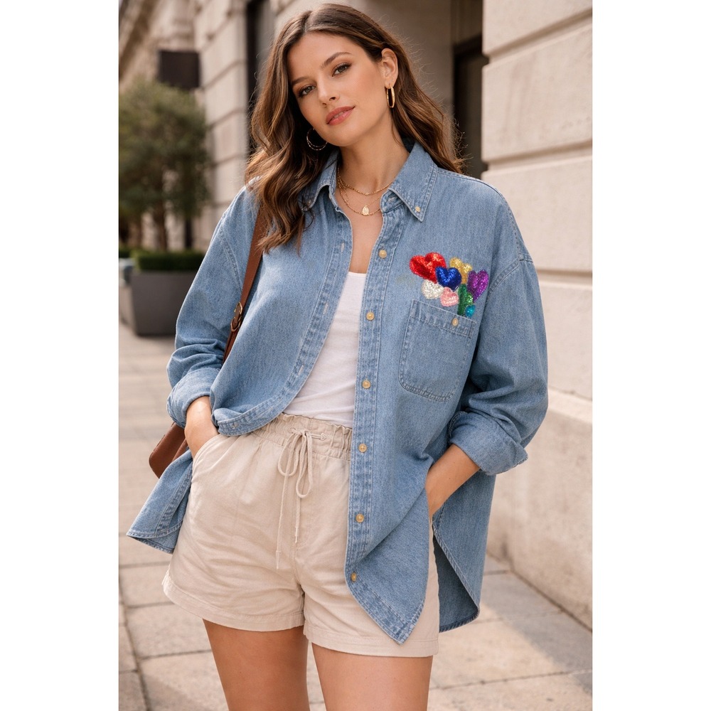 Eagle Dry Goods Denim Shirt Womens XL‎ Sequin Heart Rainbow Button Down Cotton